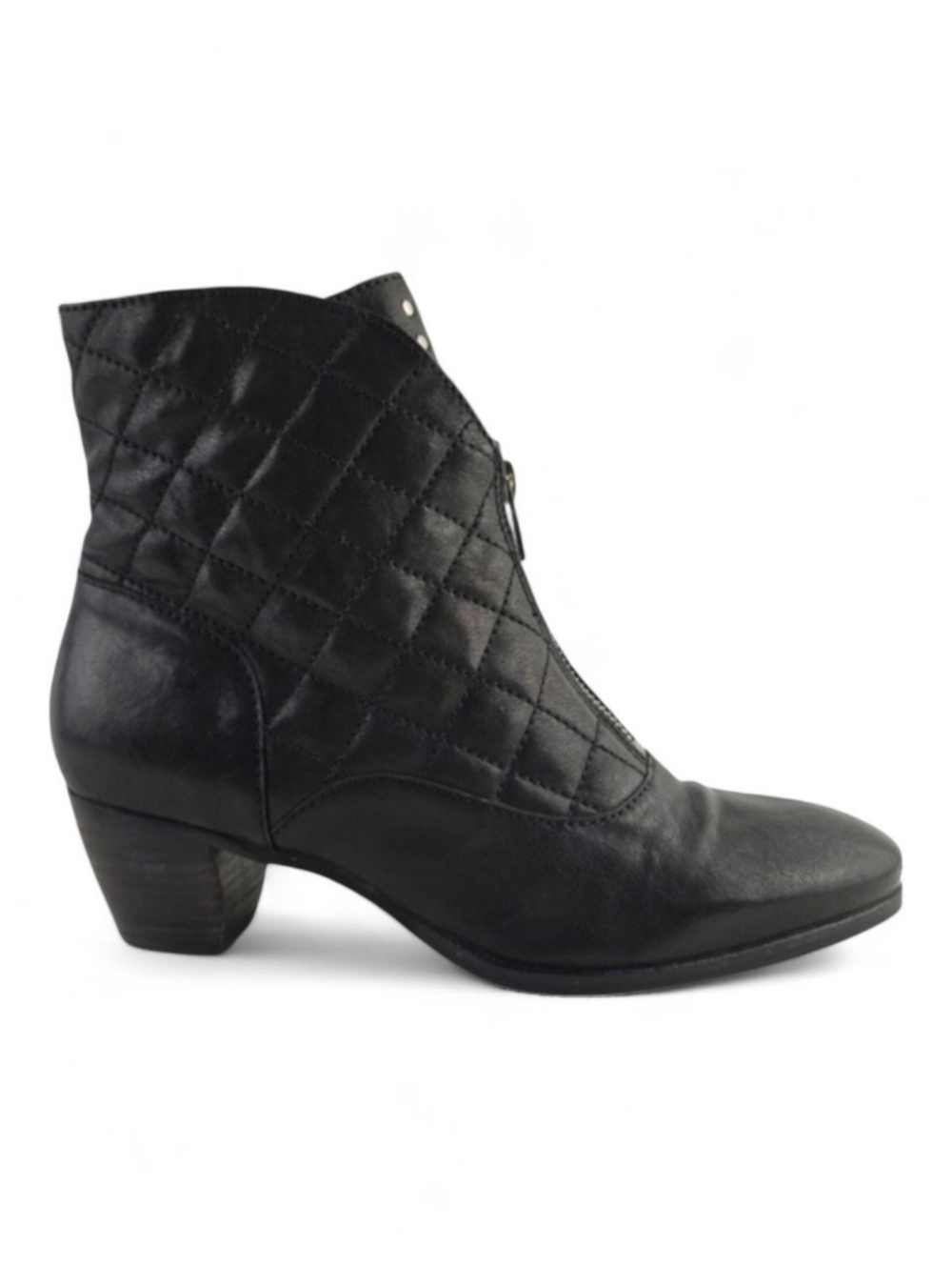 FIDJI Women's Black Quilted Silver Studded Leather Heeled Ankle Boots 40
